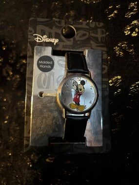 Disney Mickey Mouse Black Leather-Look Strap Watch with Silver Buckle NWT